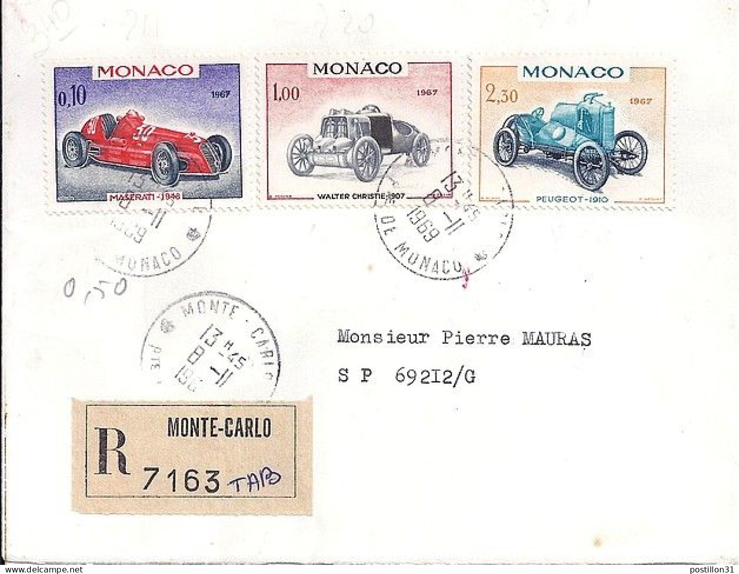 MONACO N° 711/720/721 S/L.REC.DE MONTE CARLO/8.11.69  POUR FRANCE - Storia Postale