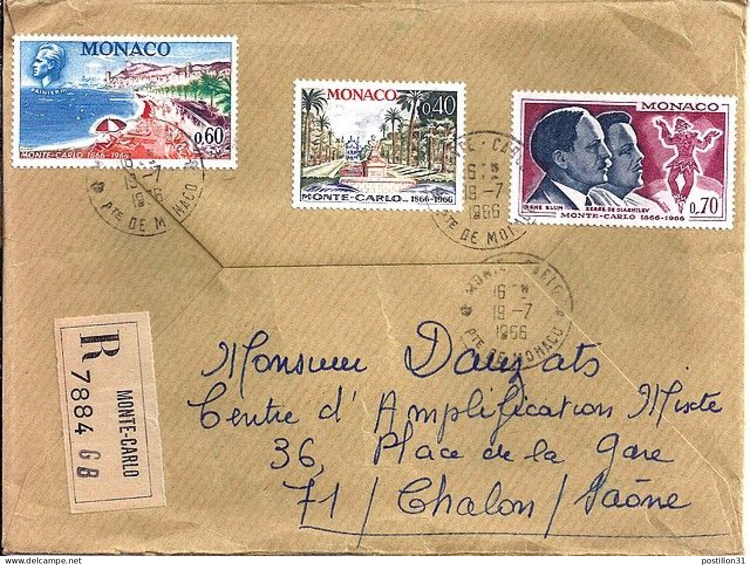 MONACO N° 694/695/693 S/L.REC.DE MONTE CARLO/19.7.66  POUR FRANCE - Cartas & Documentos