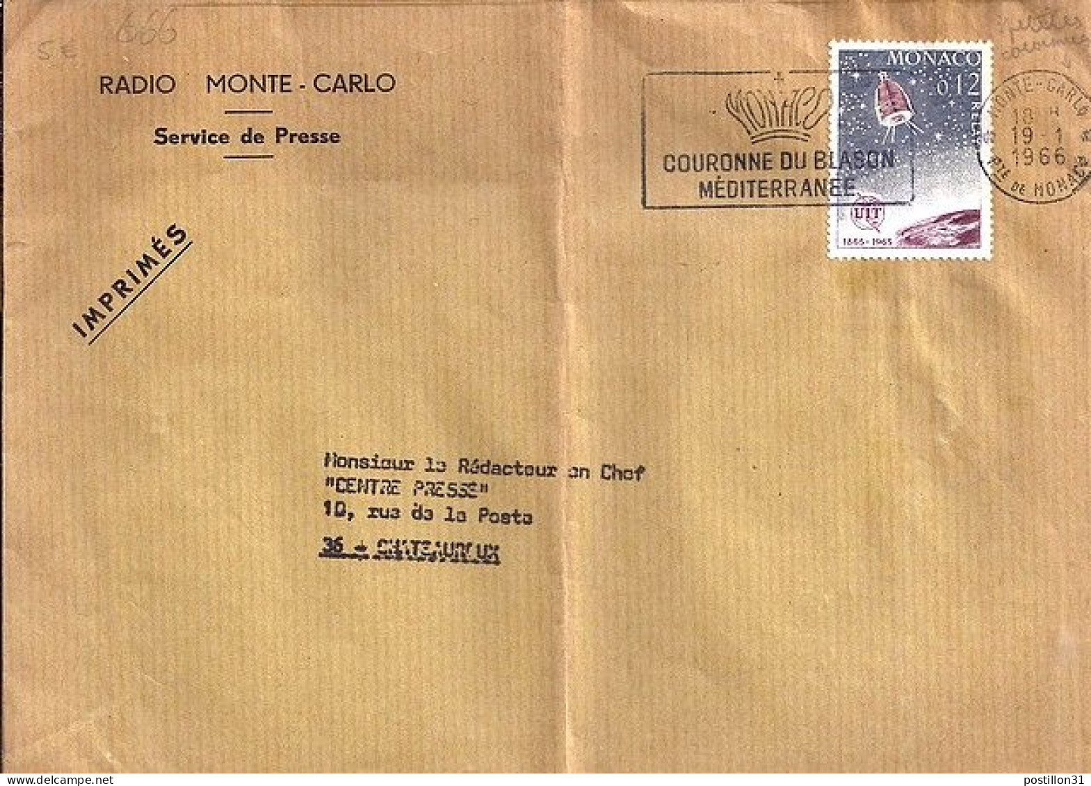 MONACO N° 666 S/L. DE MONTE CARLO/19.1.66  POUR FRANCE - Briefe U. Dokumente