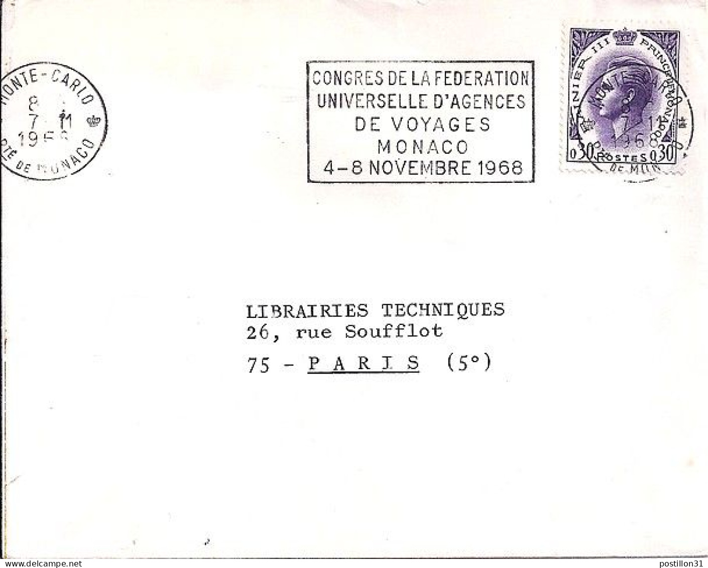 MONACO N° 545 S/L. DE MONTE CARLO/1968-69  POUR FRANCE - Cartas & Documentos