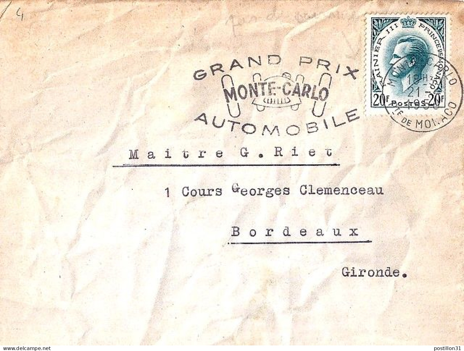 MONACO N° 425A S/L. DE MONTE CARLO/1958  POUR FRANCE - Cartas & Documentos