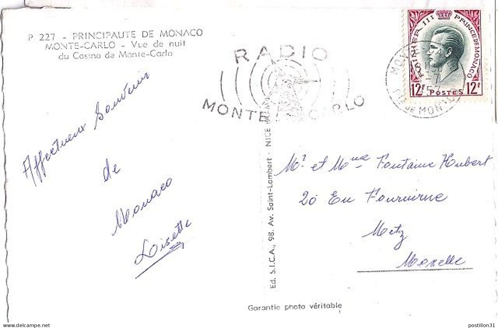 MONACO N° 423 S/CP. DE MONTE CARLO/1956  POUR FRANCE  - Cartas & Documentos