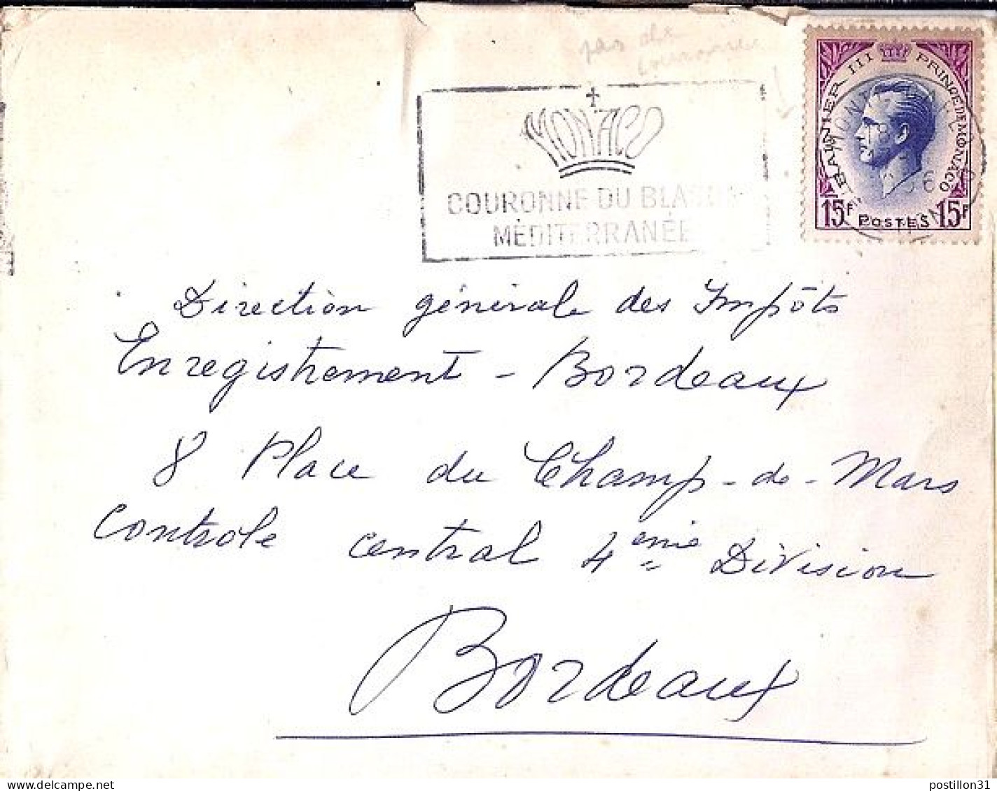 MONACO N° 424 S/L. DE MONTE CARLO/1954  POUR  FRANCE - Cartas & Documentos