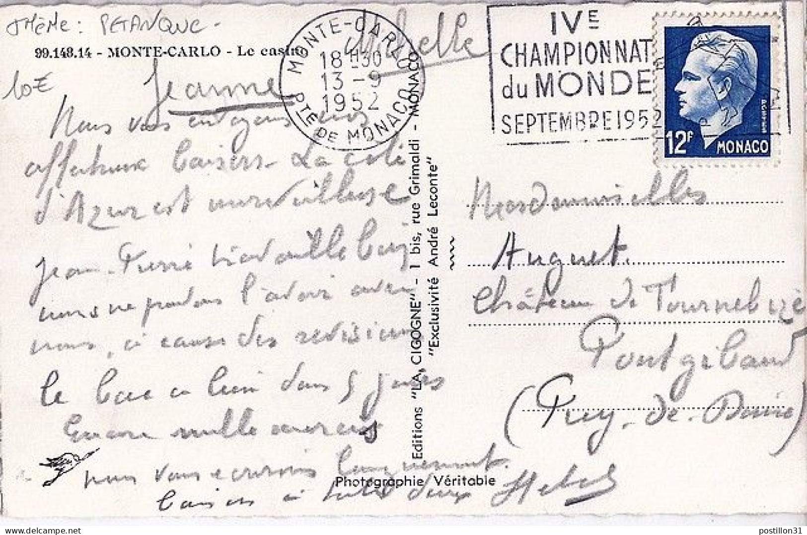 MONACO N° 347 S/CP. DE MONTE CARLO/13.9.52  POUR  FRANCE - Covers & Documents