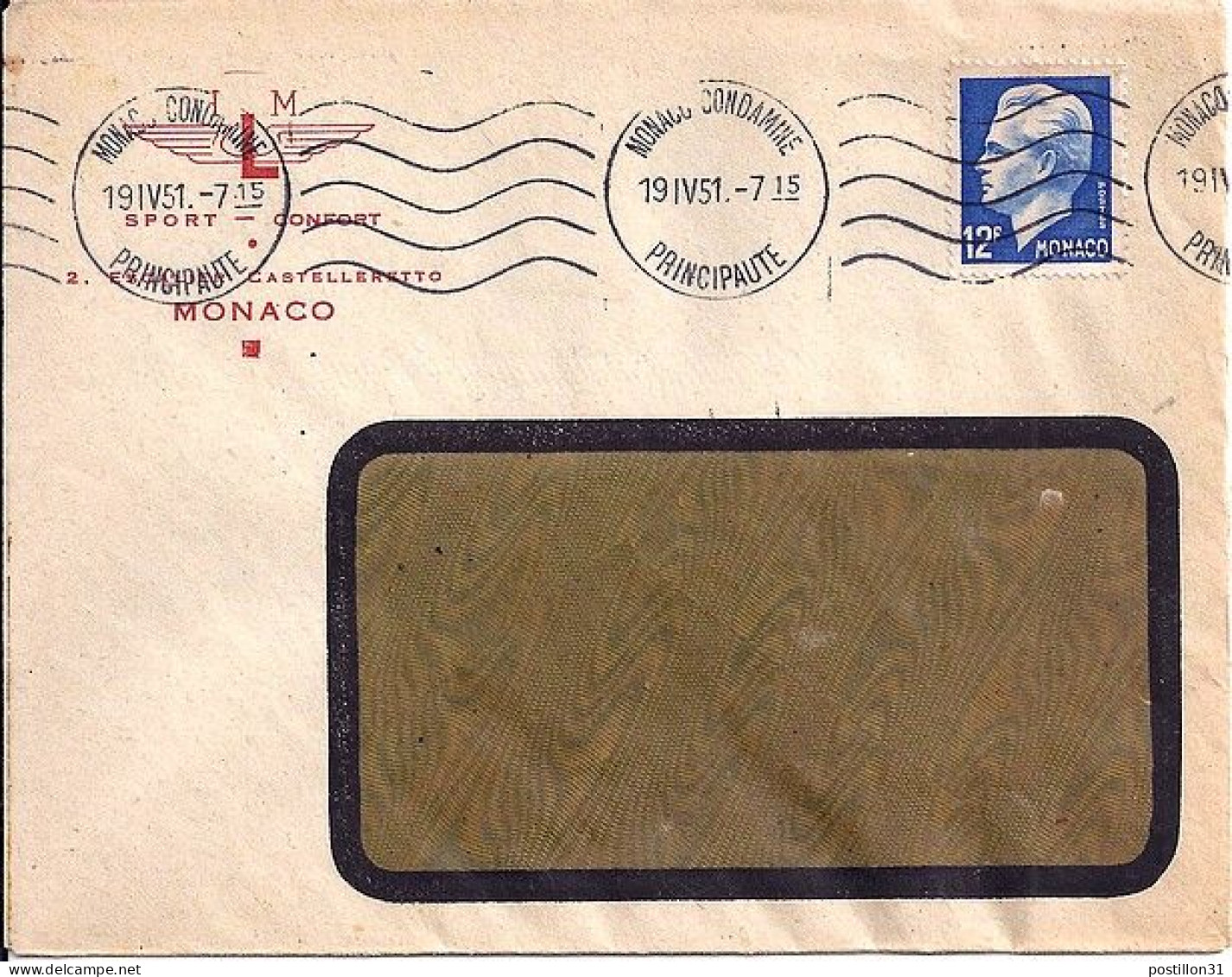 MONACO N° 347 S/L. DE MONACO CONDAMINE/19.4.51  POUR  FRANCE - Brieven En Documenten