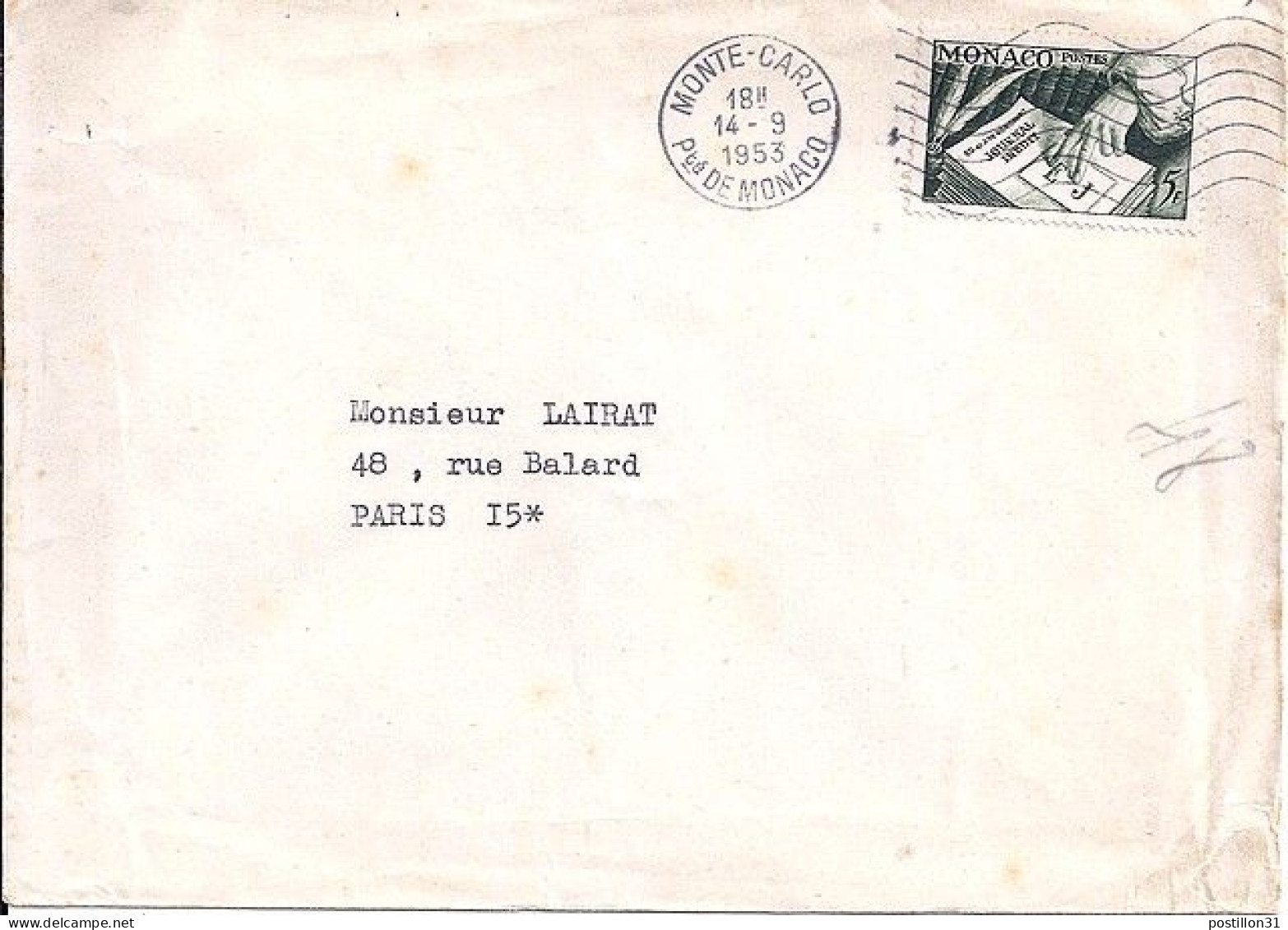 MONACO N° 392 S/L. DE MONTE CARLO/14.9.53  POUR FRANCE  - Lettres & Documents