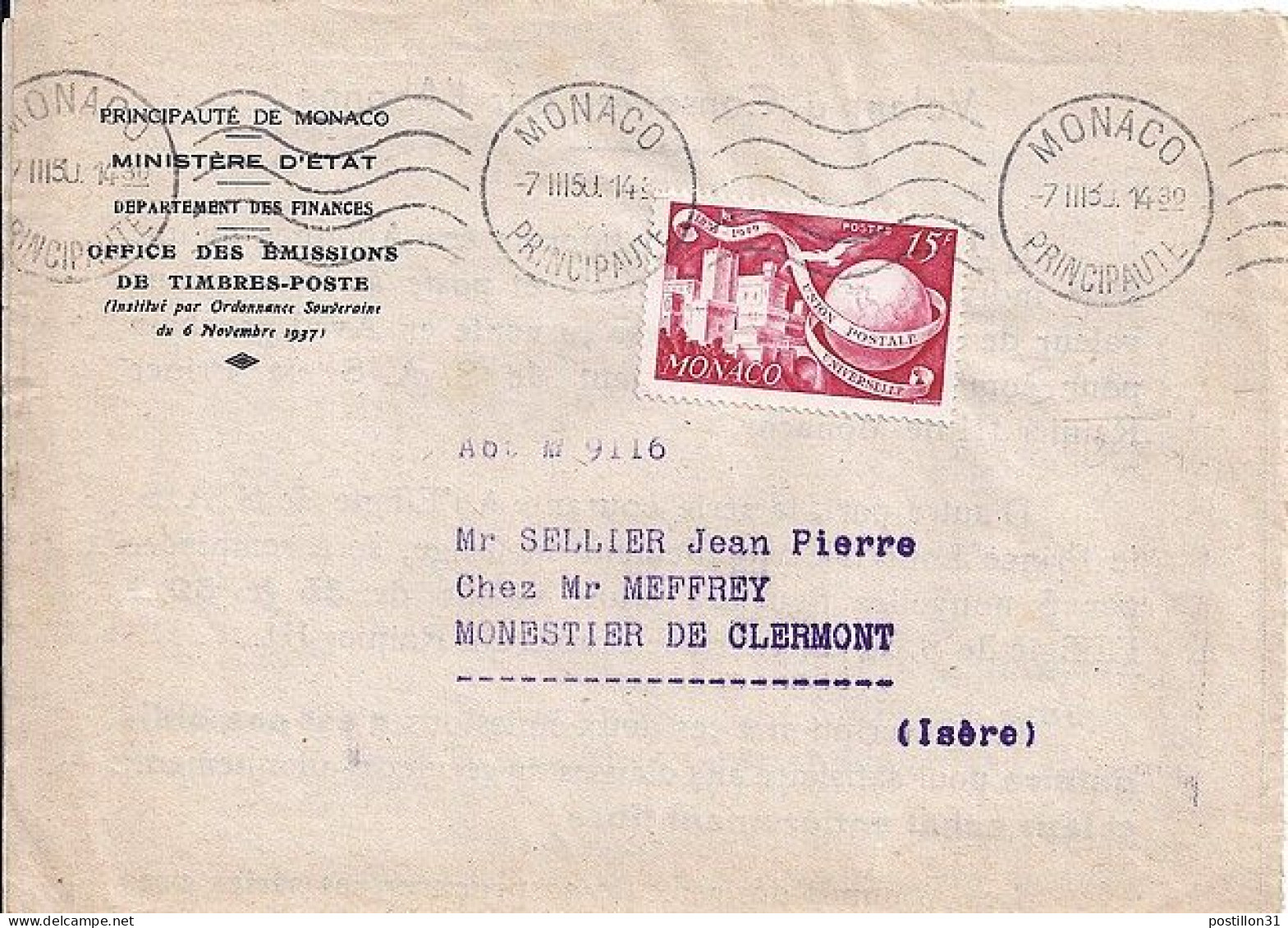 MONACO N° 333 S/L. DE MONACO/7.3.50 POUR FRANCE - Briefe U. Dokumente