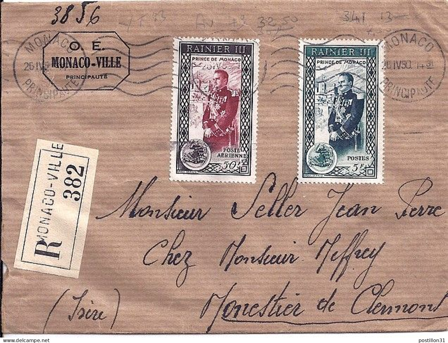 MONACO N° 341/PA49 S/L.REC. DE MONACO VILLE/20.4.50 POUR FRANCE - Storia Postale