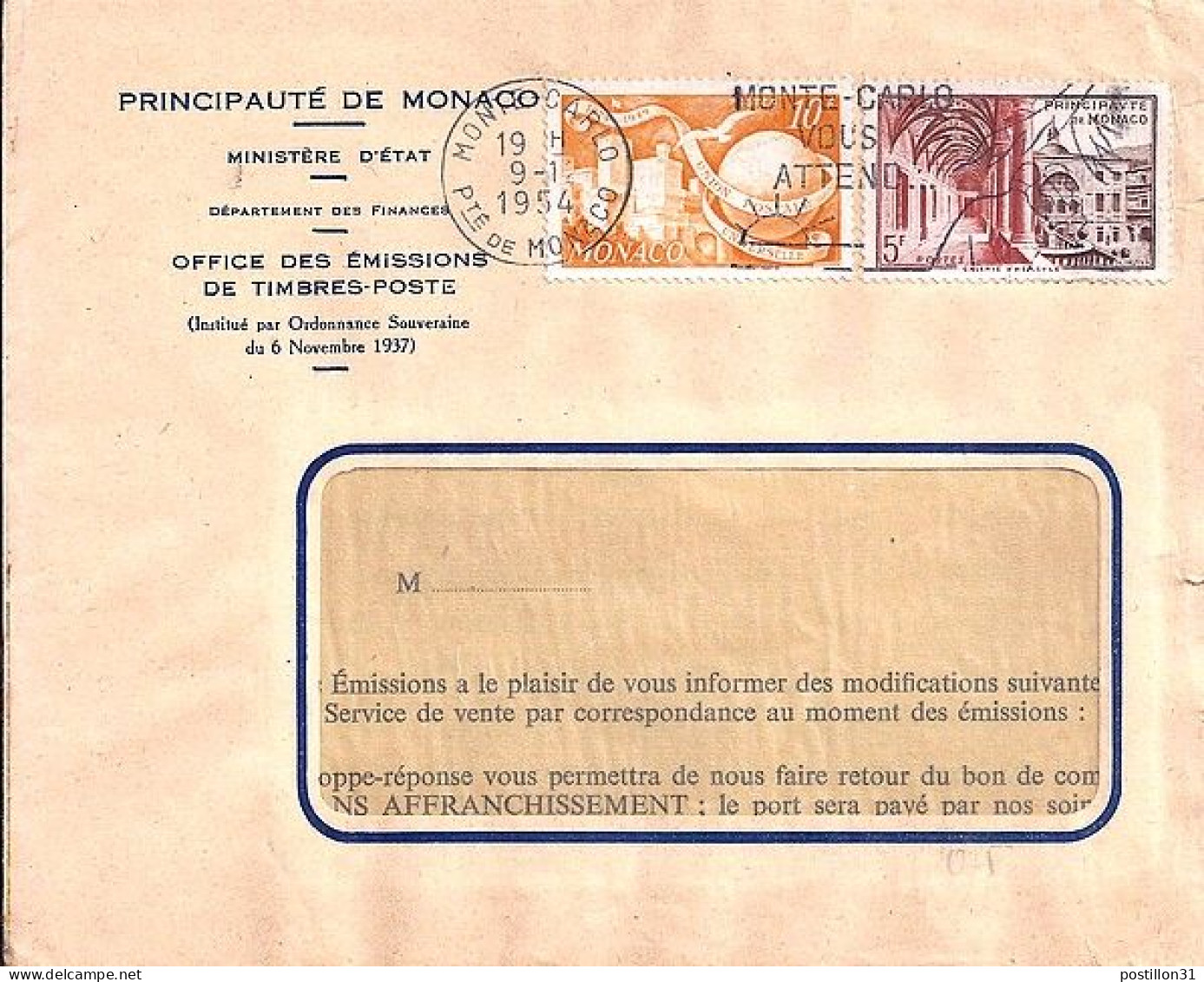 MONACO N° 332A/383S/L. DE MONTE CARLO/9.1.54  POUR  FRANCE - Covers & Documents