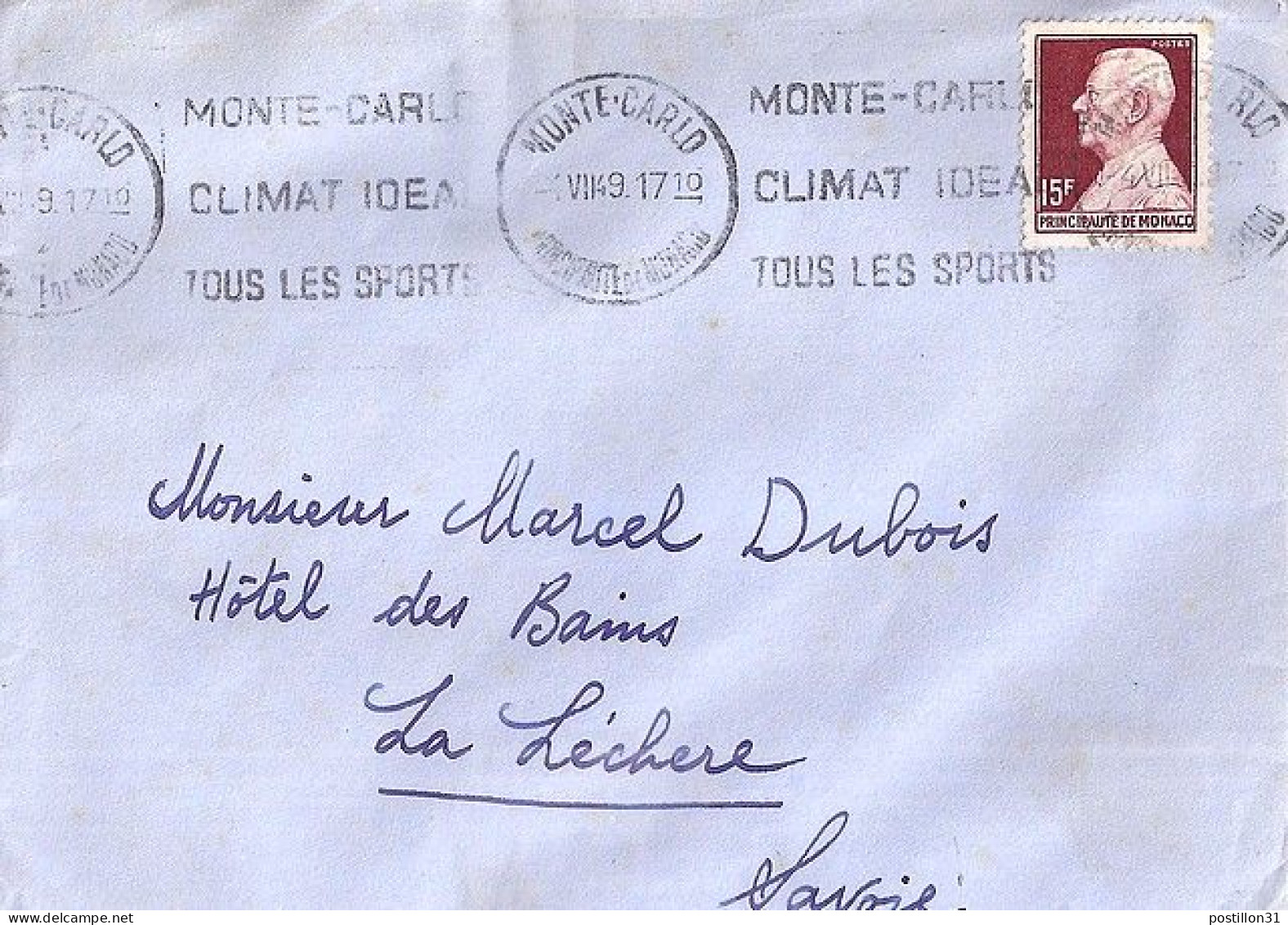 MONACO N° 305B S/L. DE MONTE CARLO/1949  POUR  FRANCE - Cartas & Documentos