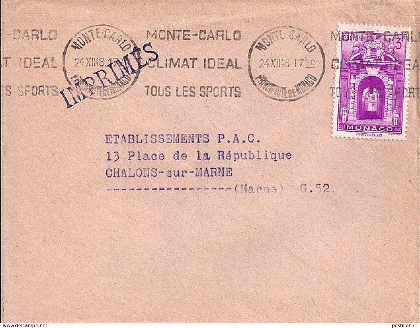 MONACO N° 309 S/L. DE MONTE CARLO/24.12.48  POUR  FRANCE - Cartas & Documentos
