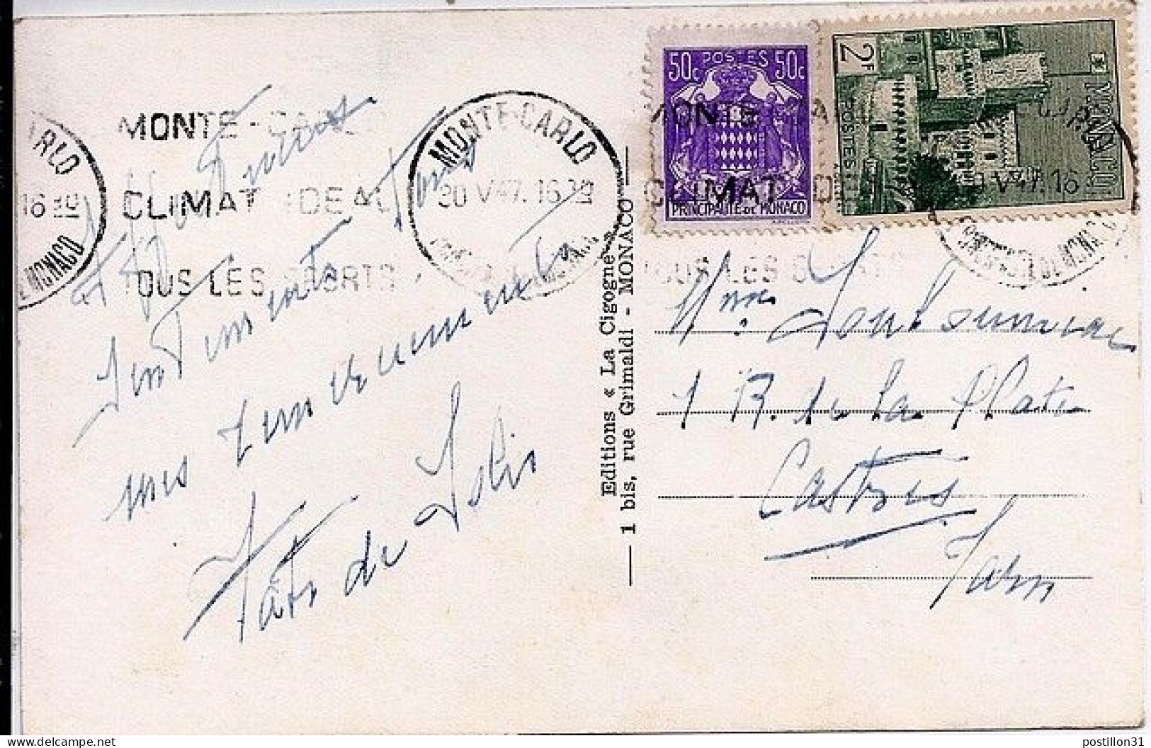 MONACO N° 277/252 S/CP. DE MONTE CARLO/20.5.47  POUR  FRANCE - Brieven En Documenten