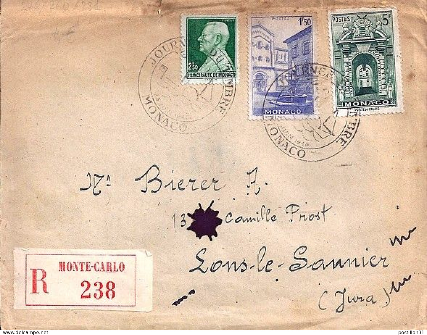 MONACO N° 281/260/276 S/L.REC. DE MONACO/JOURNEE DU TP/23.6.46  POUR FRANCE   - Briefe U. Dokumente