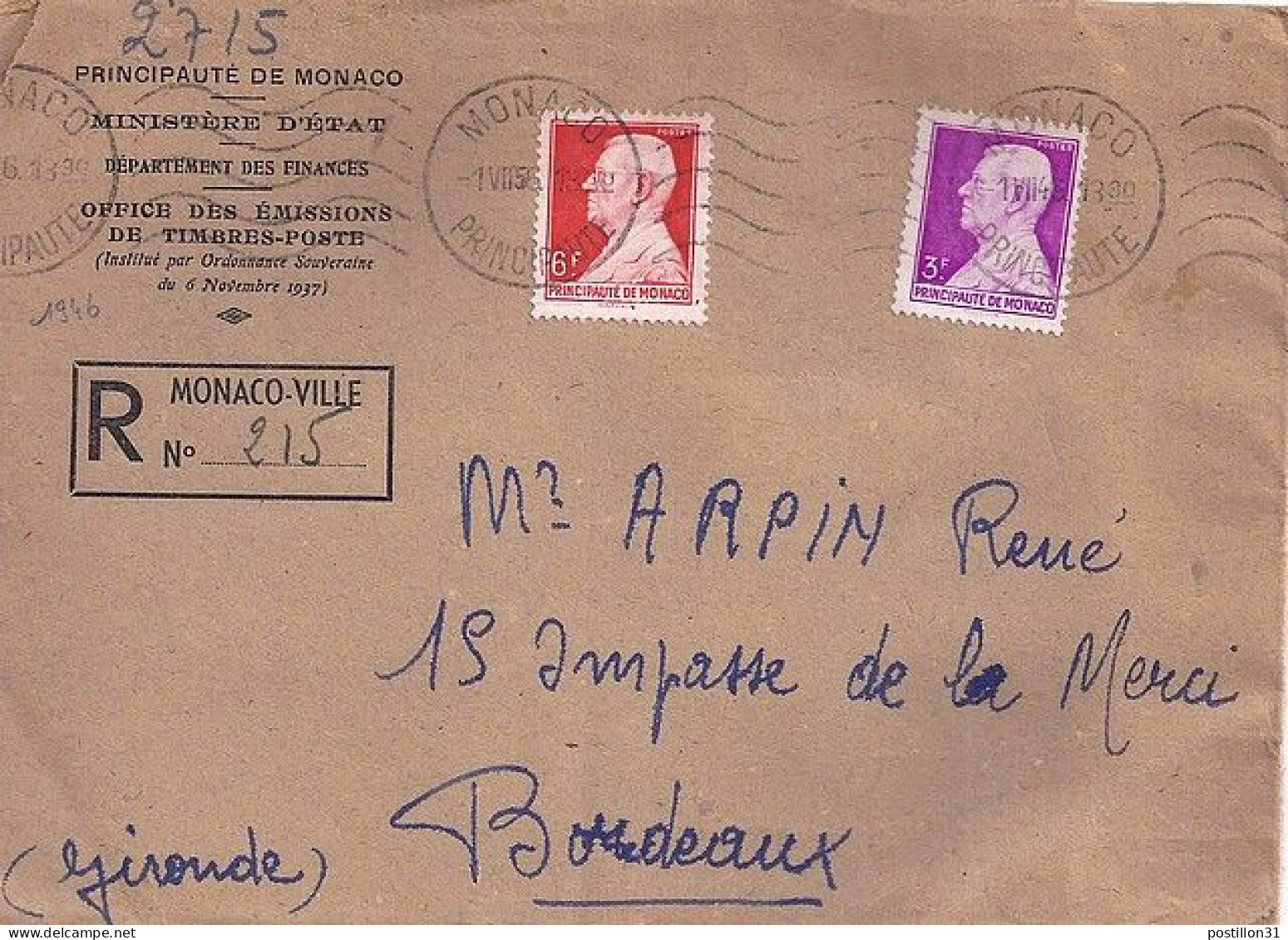 MONACO N° 282/283 S/L.REC. DE MONACO/11.7.46  POUR  FRANCE - Covers & Documents