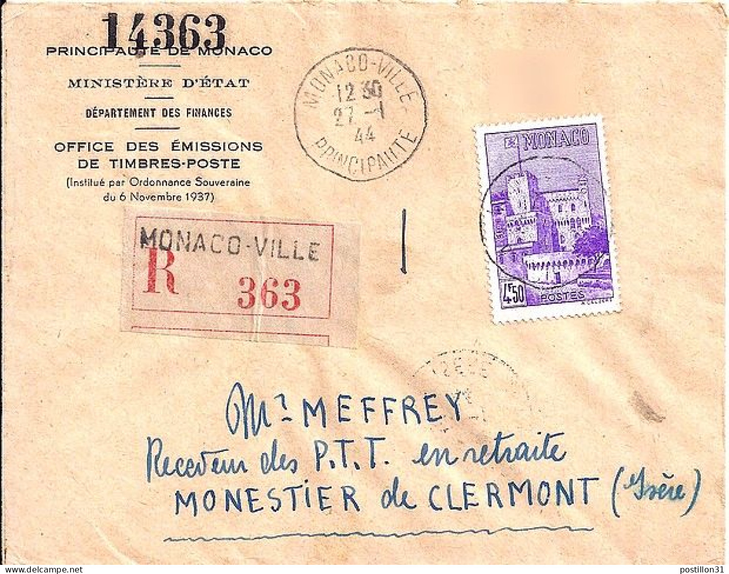 MONACO N° 259 S/L. DE MONACO VILLE/27.1.44  POUR  FRANCE - Covers & Documents