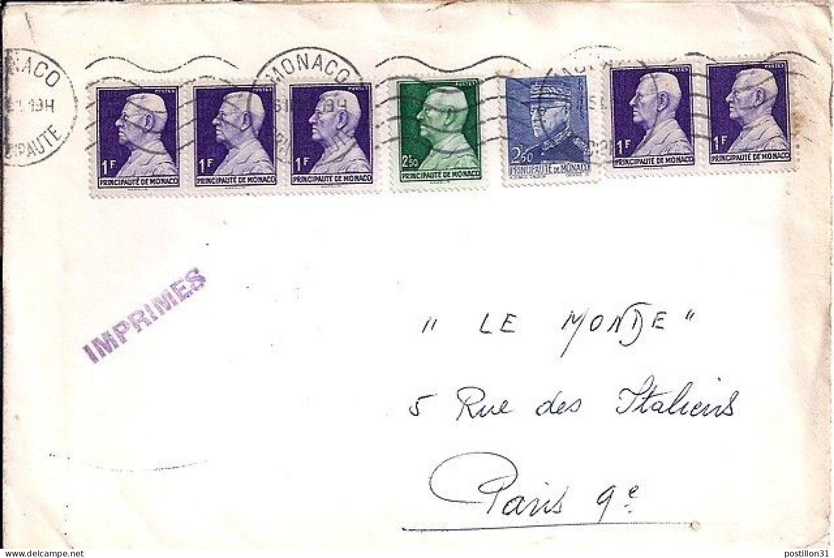 MONACO N° 232/302Bx5/281 S/L. DE MONACO/6.2.51 POUR FRANCE - Storia Postale