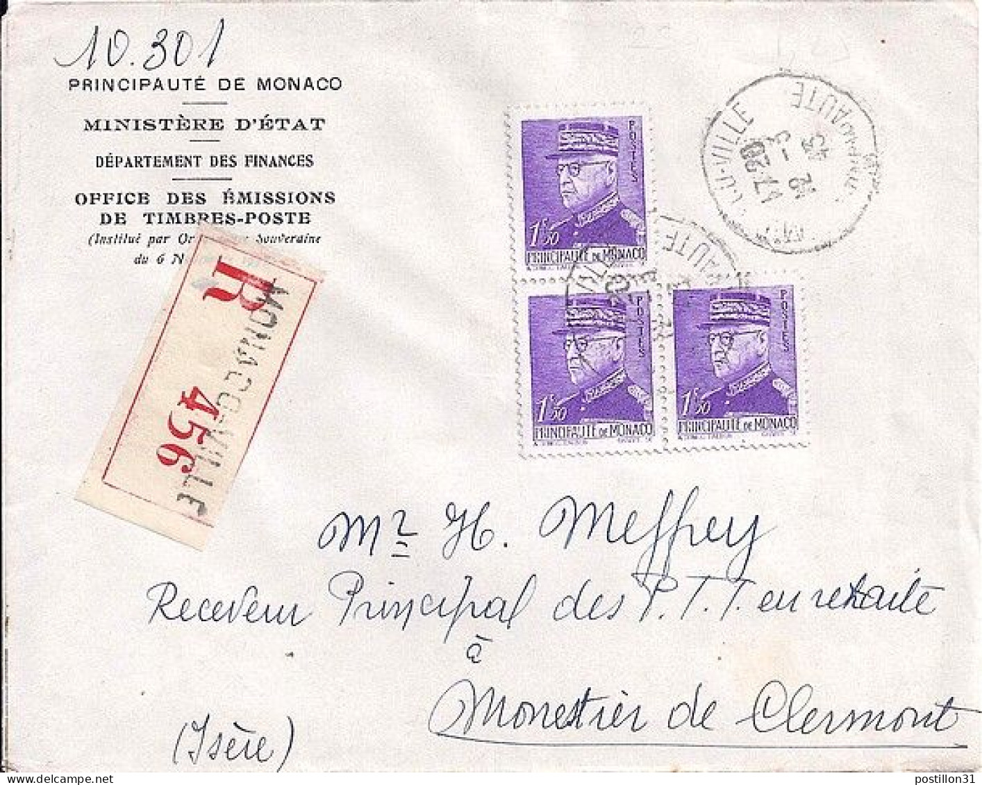 MONACO N° 230x3 S/L.REC. DE MONACO VILLE/12.3.43 POUR FRANCE - Briefe U. Dokumente