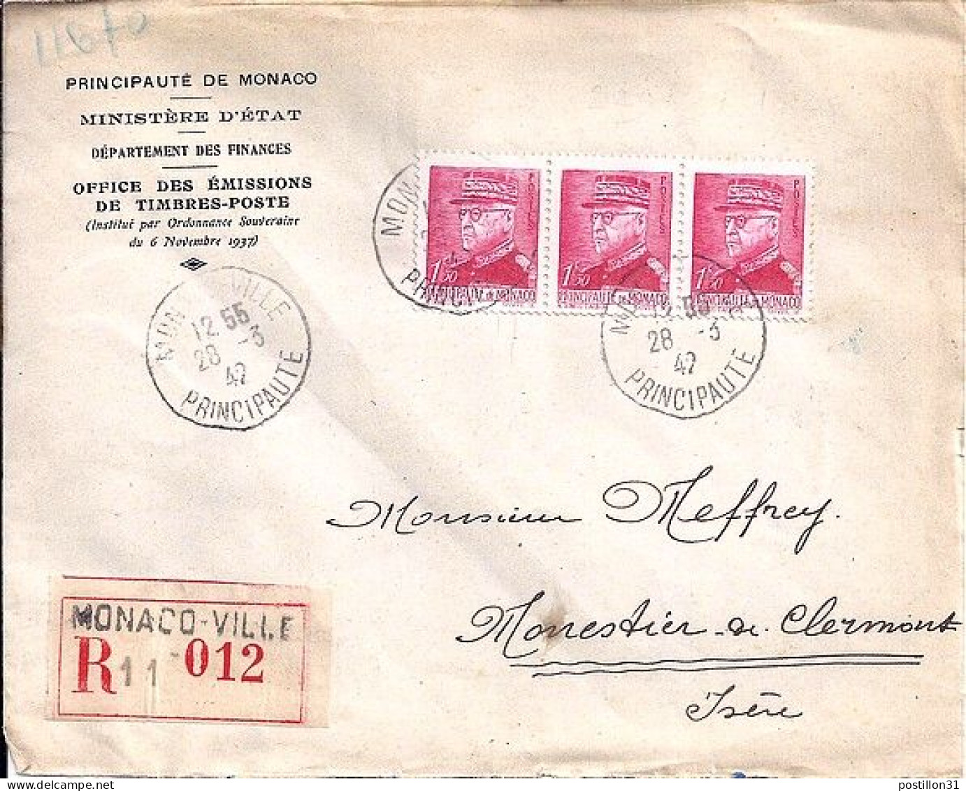 MONACO N° 229x3 S/L.REC. DE MONACO VILLE/28.3.42 POUR FRANCE - Covers & Documents