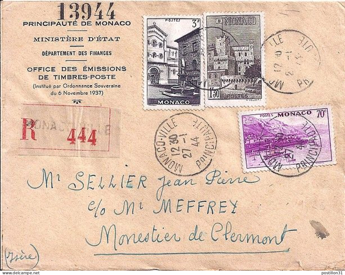 MONACO N° 175B/177A/258 S/L.REC. DE MONACO VILLE/27.1.44 POUR FRANCE - Storia Postale