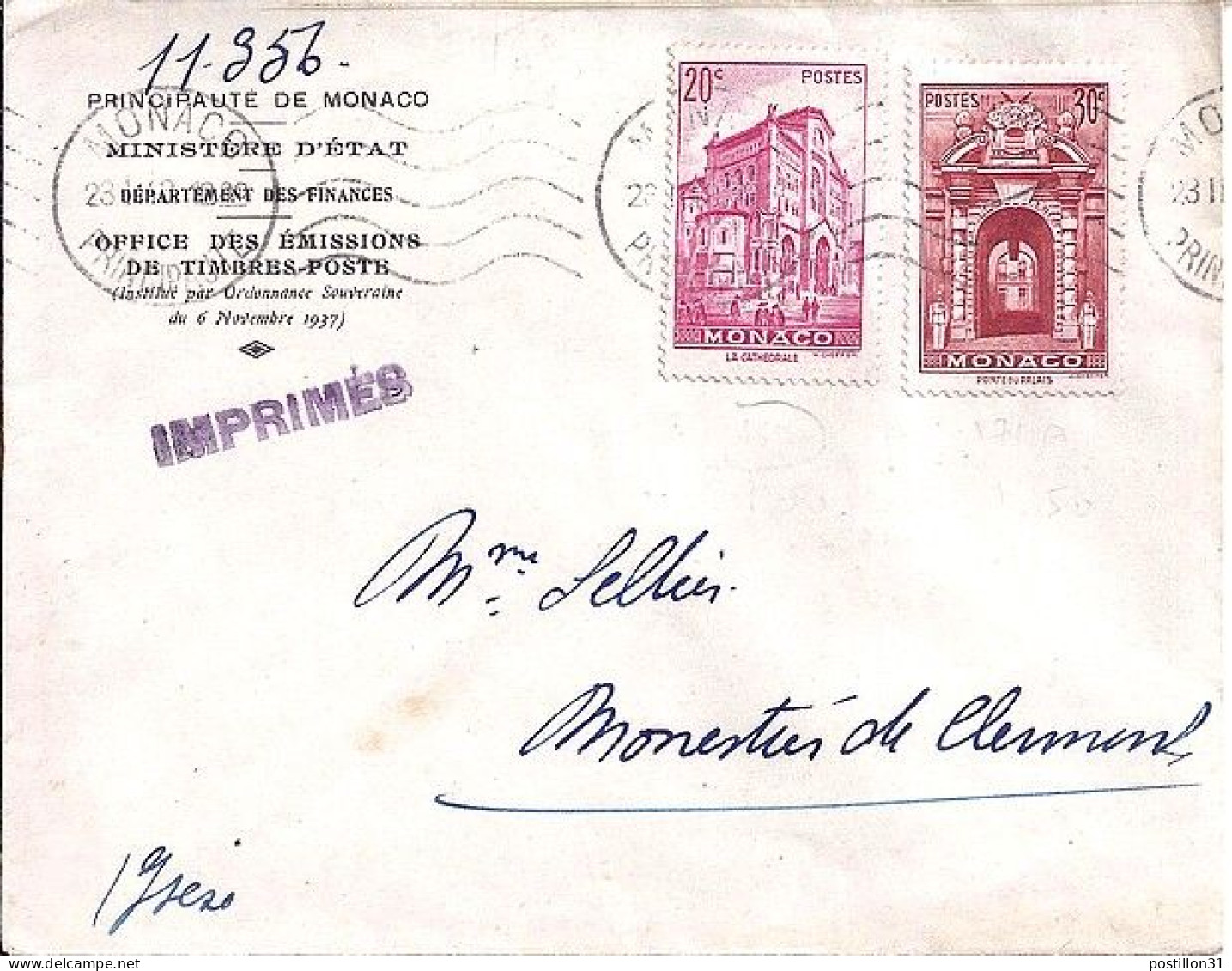 MONACO N° 169/171A S/L. DE MONACO/23.11.43 POUR FRANCE - Lettres & Documents