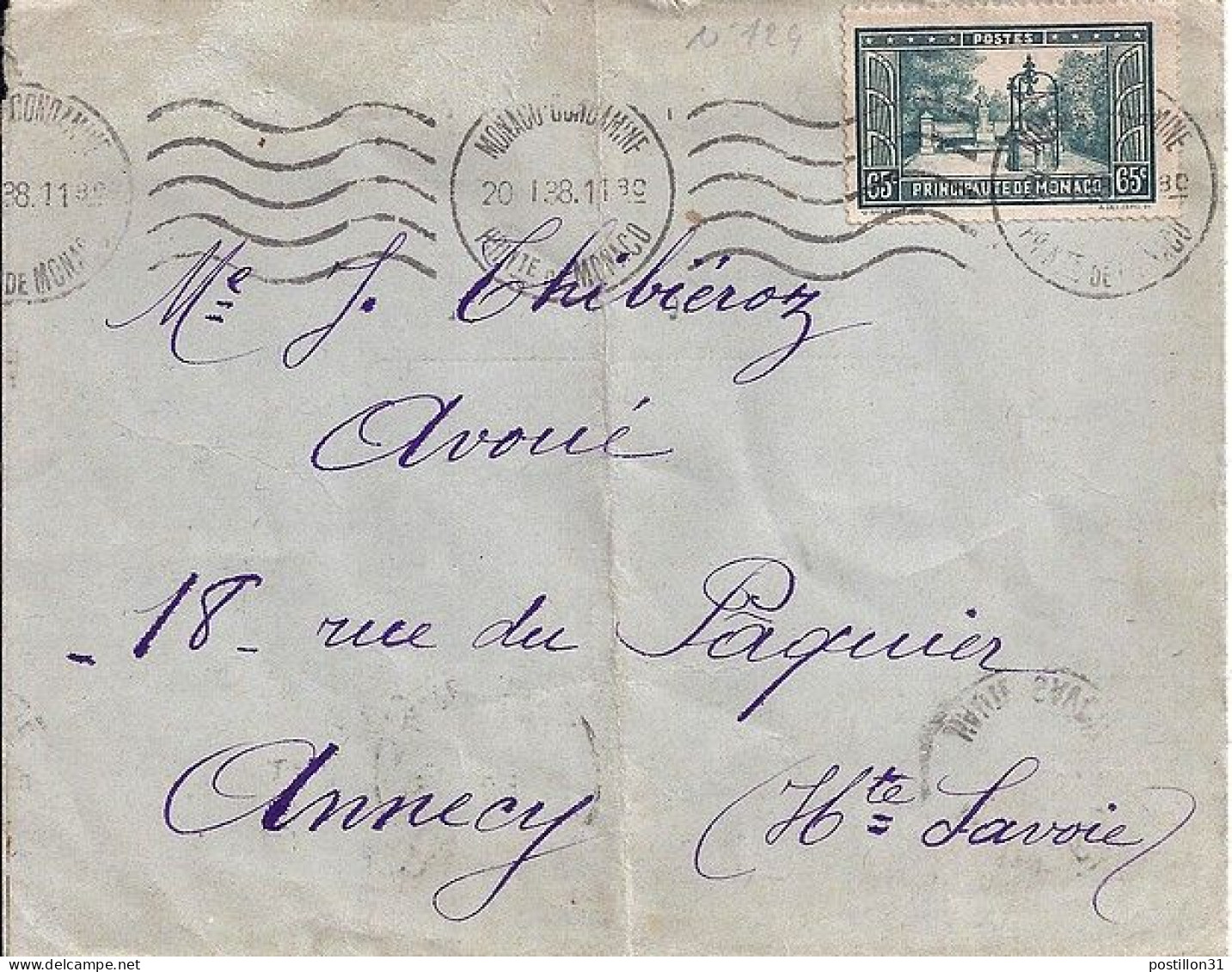 MONACO N° 124 S/L. DE MONTE CARLO/7.11.38 POUR FRANCE - Lettres & Documents