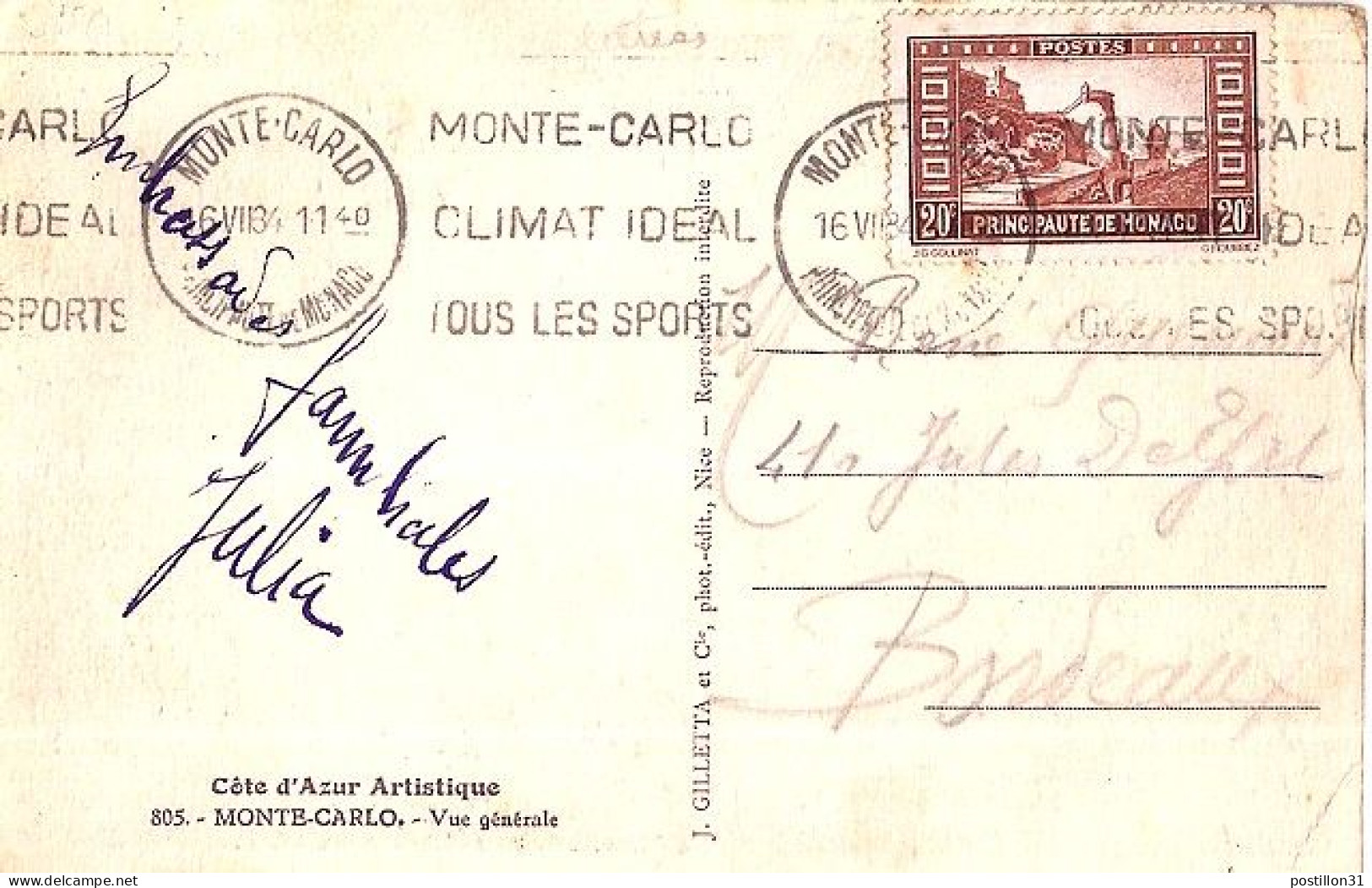 MONACO N° 120 S/CP. DE MONTE CARLO/16.6.34 POUR FRANCE - Storia Postale