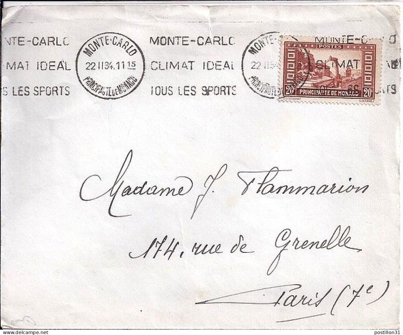 MONACO N° 120 S/L. DE MONTE CARLO/22.11.34 POUR FRANCE - Briefe U. Dokumente