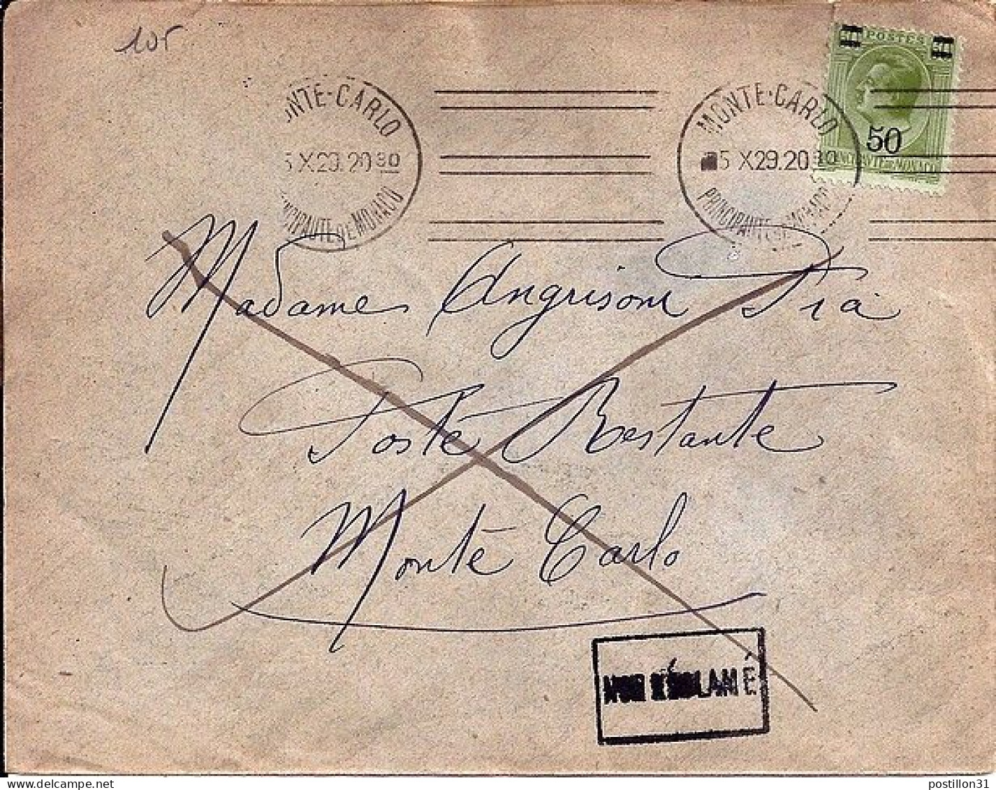 MONACO N° 105 S/L. DE MONTE CARLO/1929-30  - Brieven En Documenten