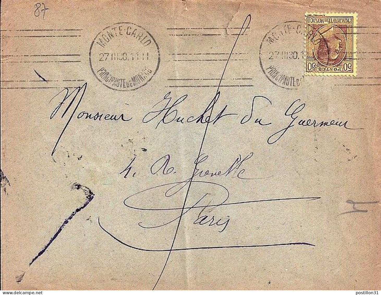 MONACO N° 87 S/L. DE MONTE CARLO/1930 POUR FRANCE - Cartas & Documentos