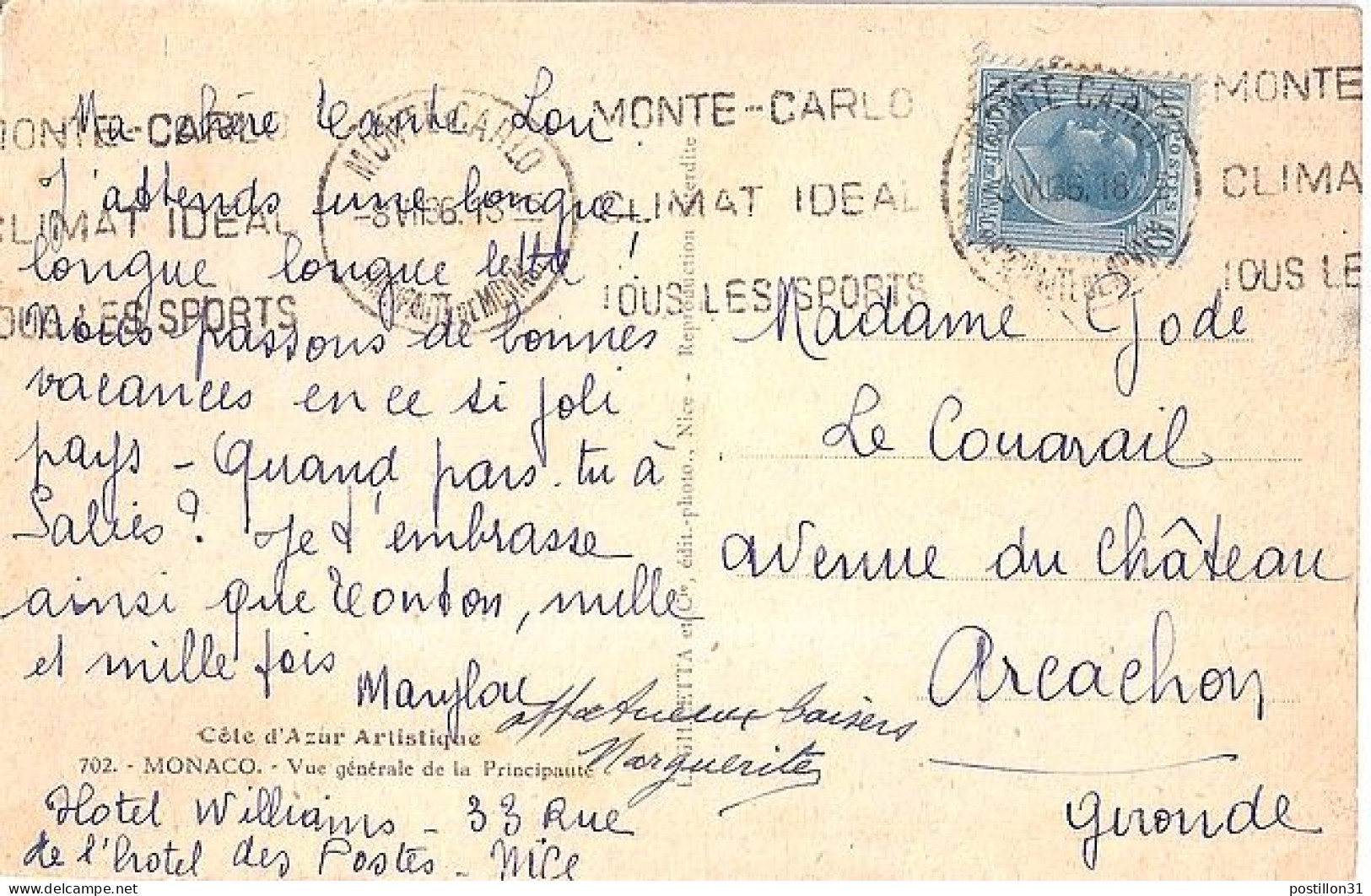 MONACO N° 84 S/CP. DE MONTE CARLO/5.7.36 POUR FRANCE - Covers & Documents