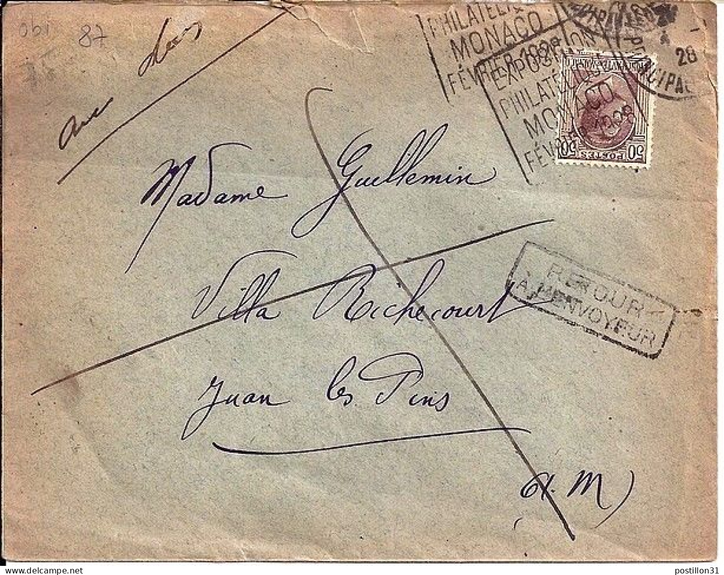 MONACO N° 87 S/L. DE MONTE CARLO/4.1.28 POUR FRANCE + DAGUIN EXPO 1928 - Storia Postale