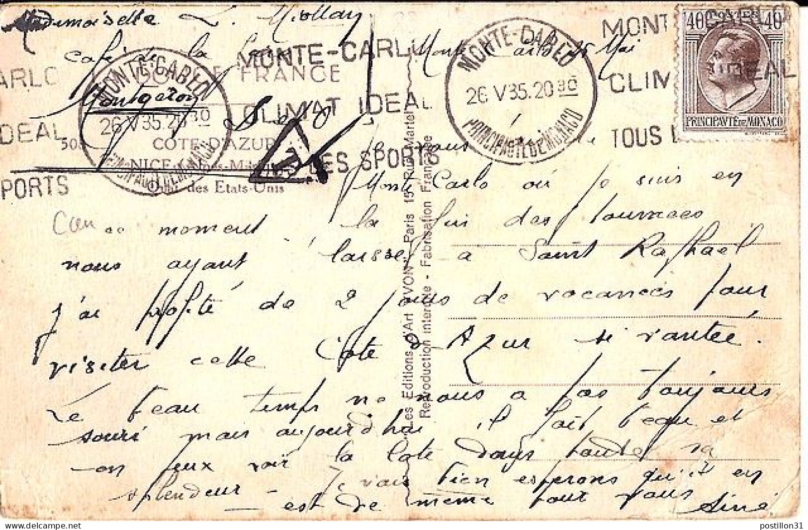 MONACO N° 83 S/CP. DE MONTE CARLO/26.5.35 POUR FRANCE - Storia Postale