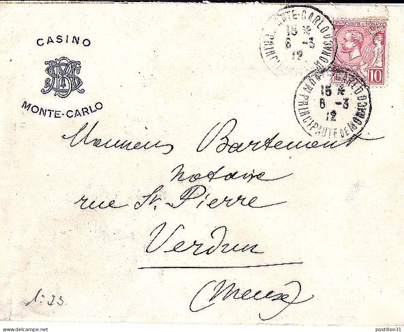 MONACO N° 23 S/L. DE MONTE CARLO/6.3.12 POUR FRANCE + ENTETE  - Lettres & Documents