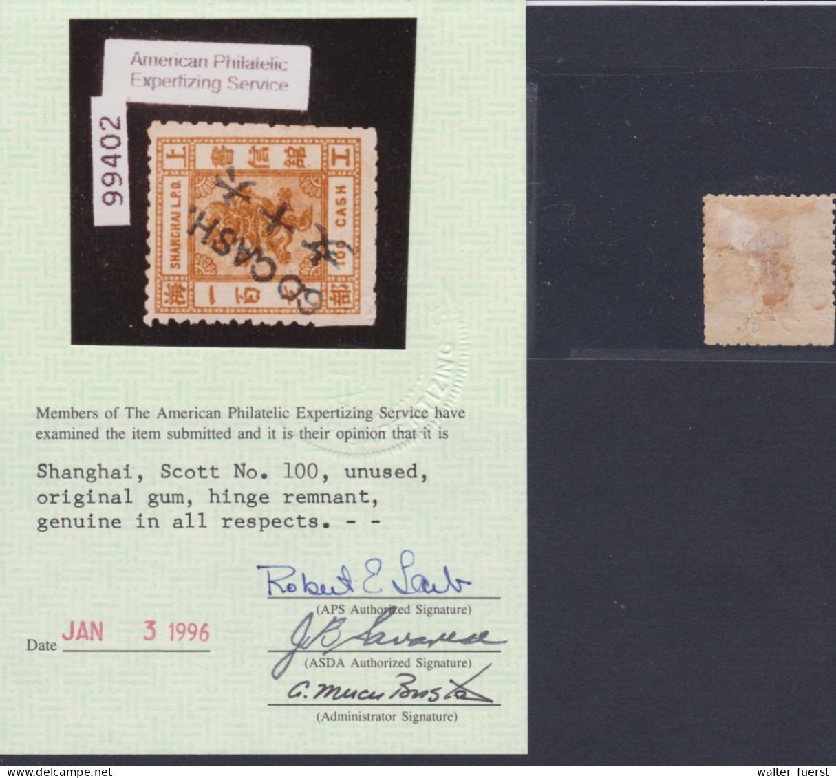 SHANGHAI 1879, 60 CASH. Ovpr. On  100 CASH Unused, CERTIFICATE APS - Sonstige & Ohne Zuordnung