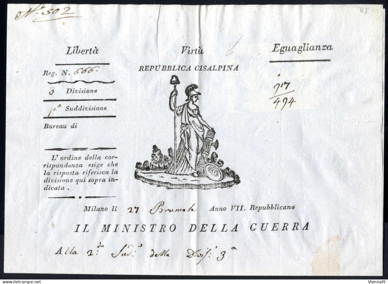 Cover 1793, Lettera Del Ministro Della Guerra Del 27 Brumale, Anno VII Repubblicano, Alla 2.a Sud. Della Divis. 3a, Con  - Lombardo-Venetien