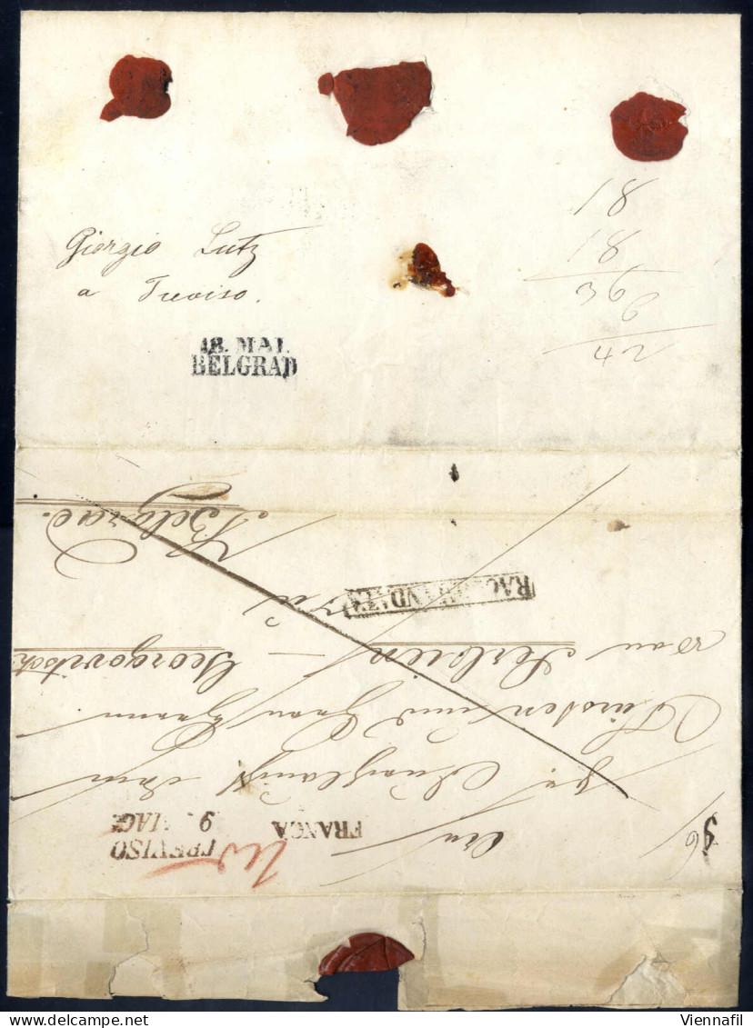 Cover 1844, Registered Outer Letter Sheet, Opened For Display, Posted From Treviso To Belgrade - Serbia Via Austrian Con - Lombardo-Vénétie