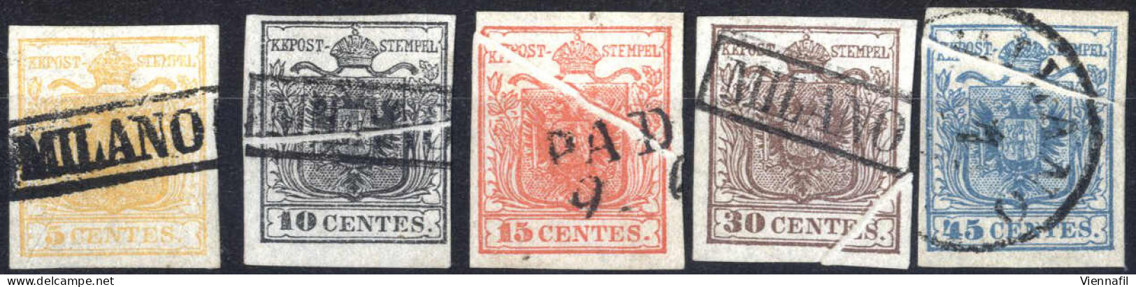 O 1850, Serie Completa Di 5 Valori Su Carta A Mano Con Pieghe Originali Di Carta, Due Certificati (10 E 45 Cent) E Tre V - Lombardy-Venetia
