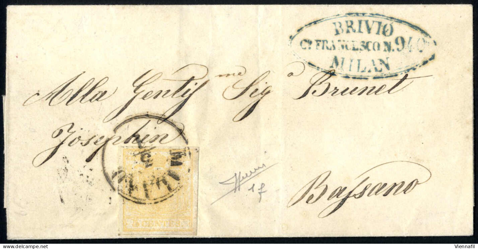 Cover 1850, Lotto Di Due Circolari: 1) Del 3.1.185.. Da Milano A Bassano, Affrancata Con 5 Cent. Giallo Arancio Chiaro,  - Lombardo-Vénétie