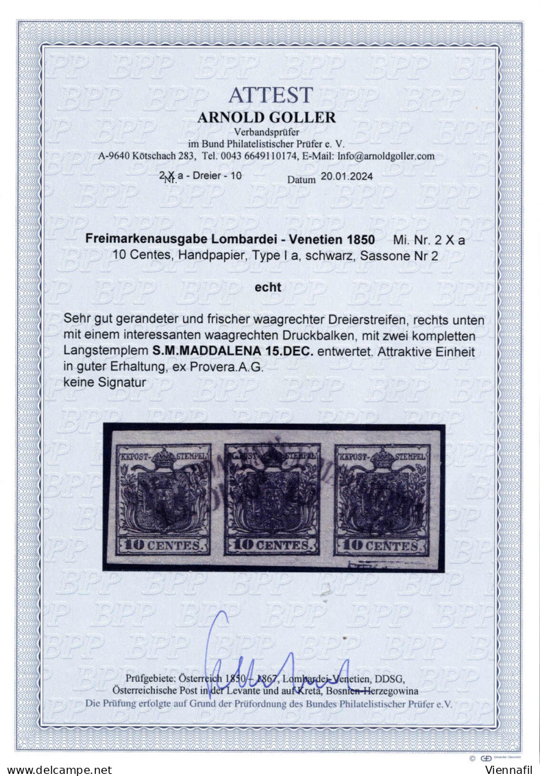 O 1850, 10 Cent. Nero, Tipo I Carta A Mano, Striscia Orizzontale Di Tre, Con Spazio Tipografico Orizzontale Inferiore Su - Lombardy-Venetia