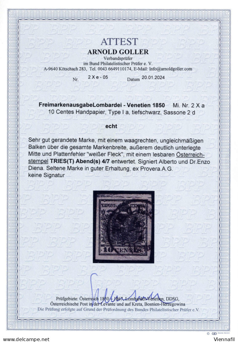 O 1850, 10 Cent. Nero, Tipo I Carta A Mano, Con Spazio Tipografico Orizzontale Superiore E Difetto Di Cliché "punto Bian - Lombardy-Venetia