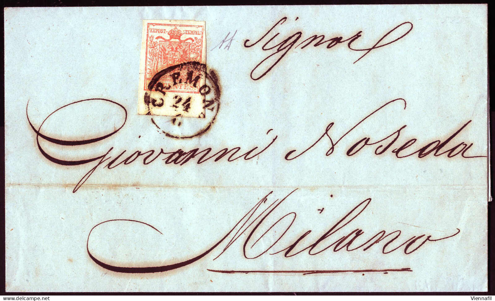 Cover 1855, Lettera Da Cremona Il 24.6 Per Milano Affrancata Con 15 C Rosso Bordo Di Foglio Inferiore Con Falla Di Stamp - Lombardo-Vénétie