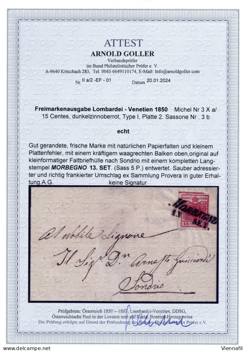 Cover 1850, Lettera Da Morbegno 13.SET Per Sondrio (Sass. 5P), Affrancata Con 15 Cent. Rosso Tipo I Carta A Mano, Cert.  - Lombardo-Venetien