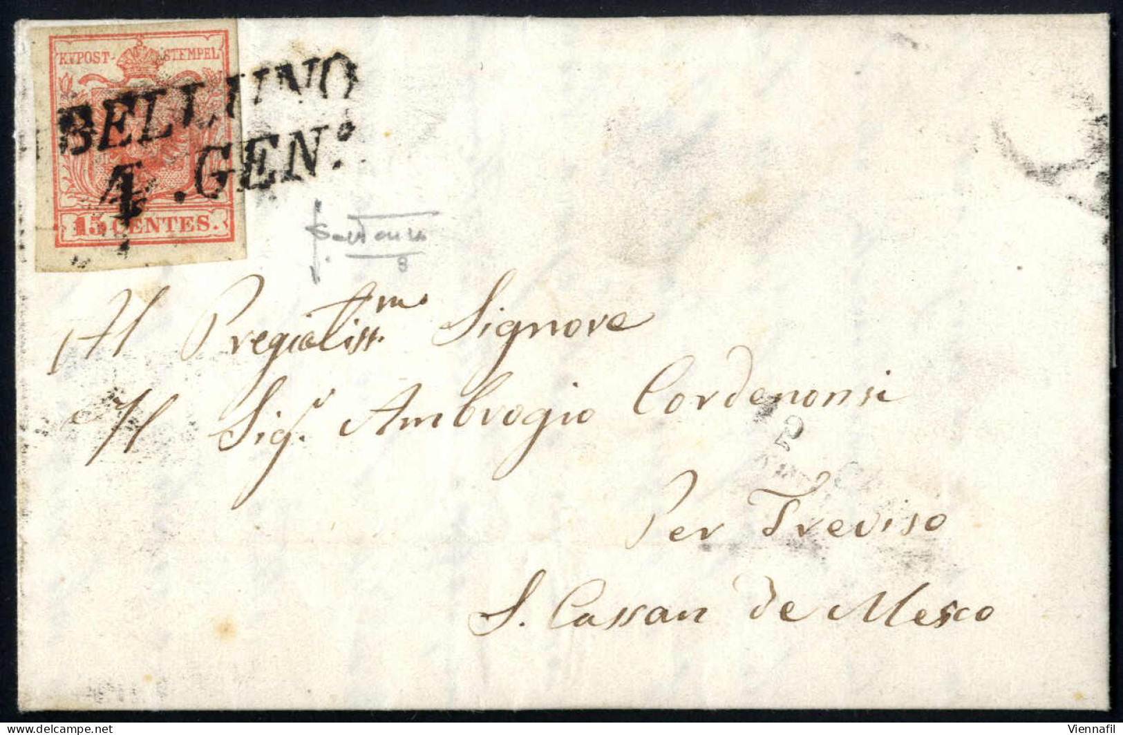 Cover 1850, Lotto Di 15 Lettere Ed Un Frontespizio, Di Cui 14 Affrancata Con 15 Cent. Rosso, Una Con Due Esemplari Del 1 - Lombardo-Vénétie