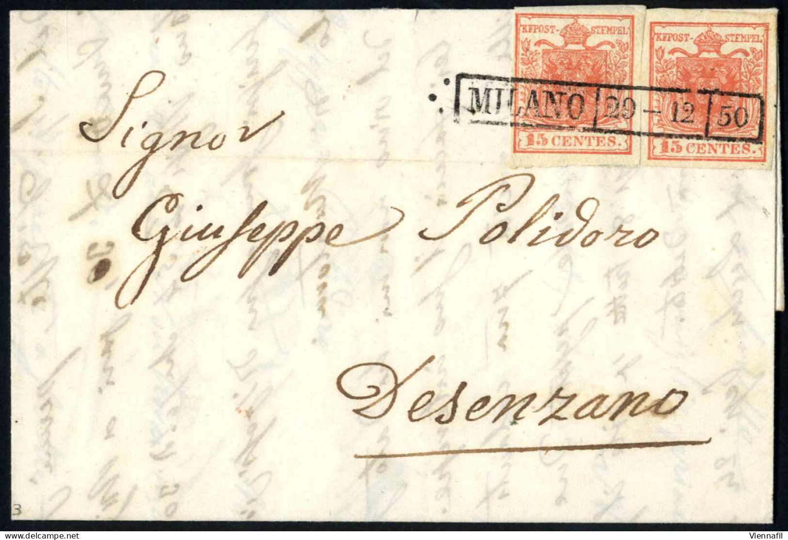 Cover 1850, Lotto Di 15 Lettere Ed Un Frontespizio, Di Cui 14 Affrancata Con 15 Cent. Rosso, Una Con Due Esemplari Del 1 - Lombardy-Venetia