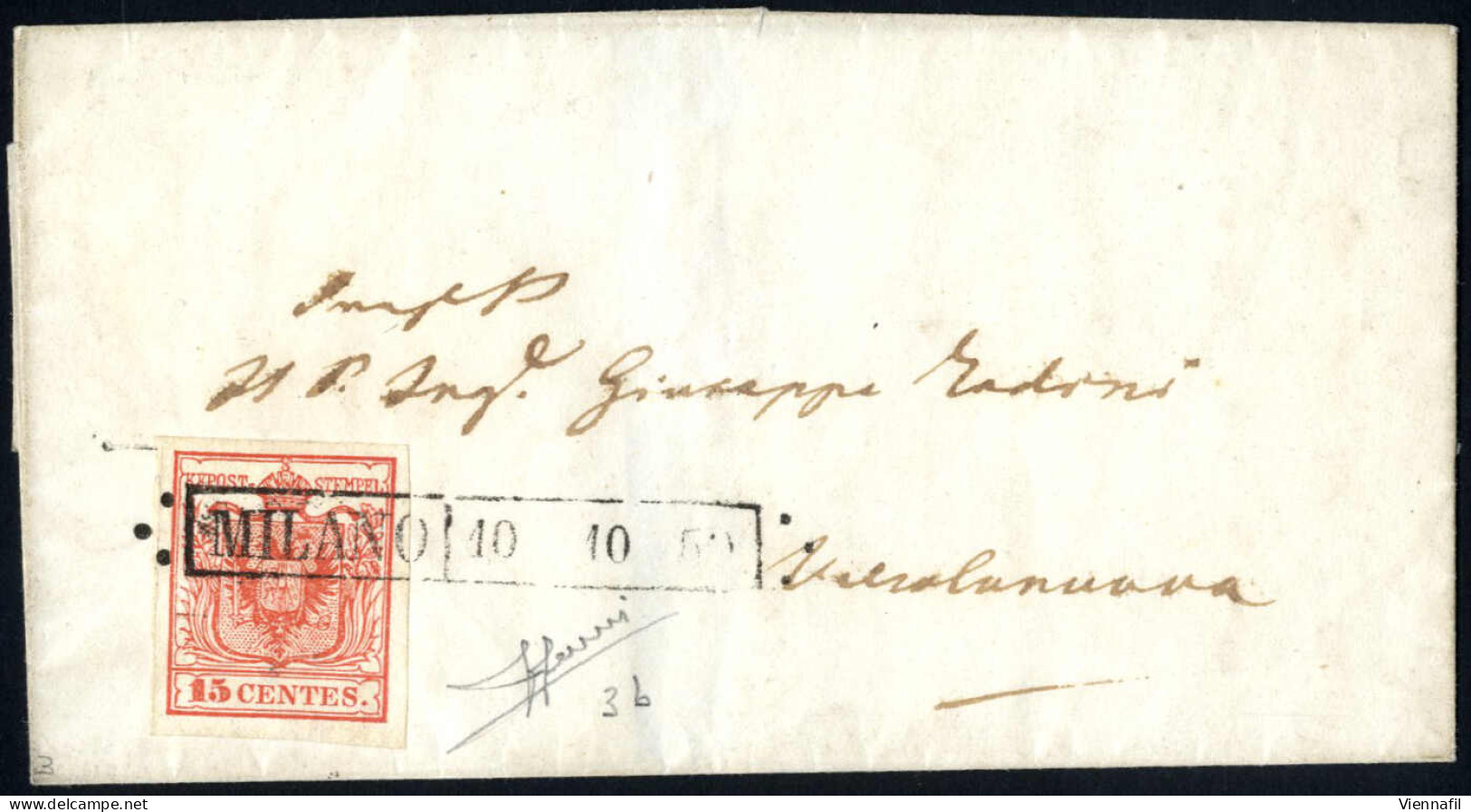 cover 1850, lotto di 15 lettere ed un frontespizio, di cui 14 affrancata con 15 cent. rosso, una con due esemplari del 1