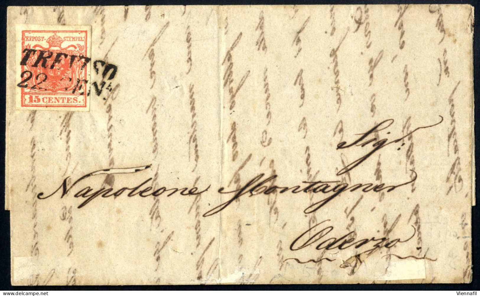 cover 1850, lotto di 15 lettere ed un frontespizio, di cui 14 affrancata con 15 cent. rosso, una con due esemplari del 1