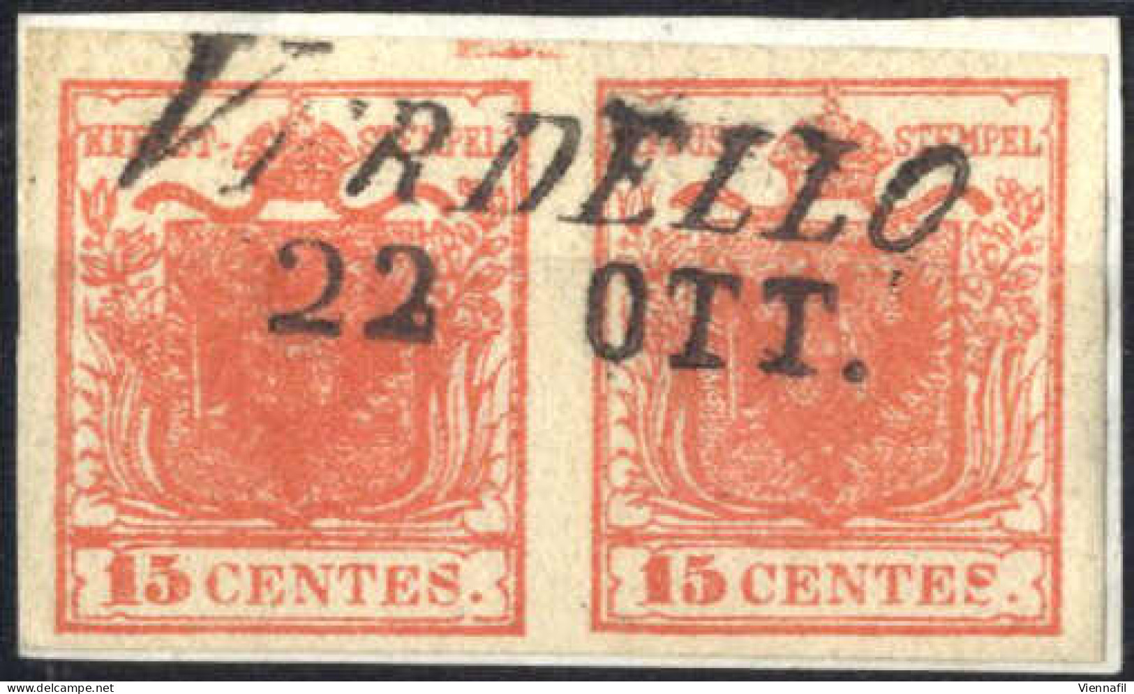 Piece 1850, Frammento Di Lettera Affrancato Con Coppia Orizzontale Di 15 Cent. Rosso Tipo I, Carta A Mano, Con Annullo " - Lombardy-Venetia