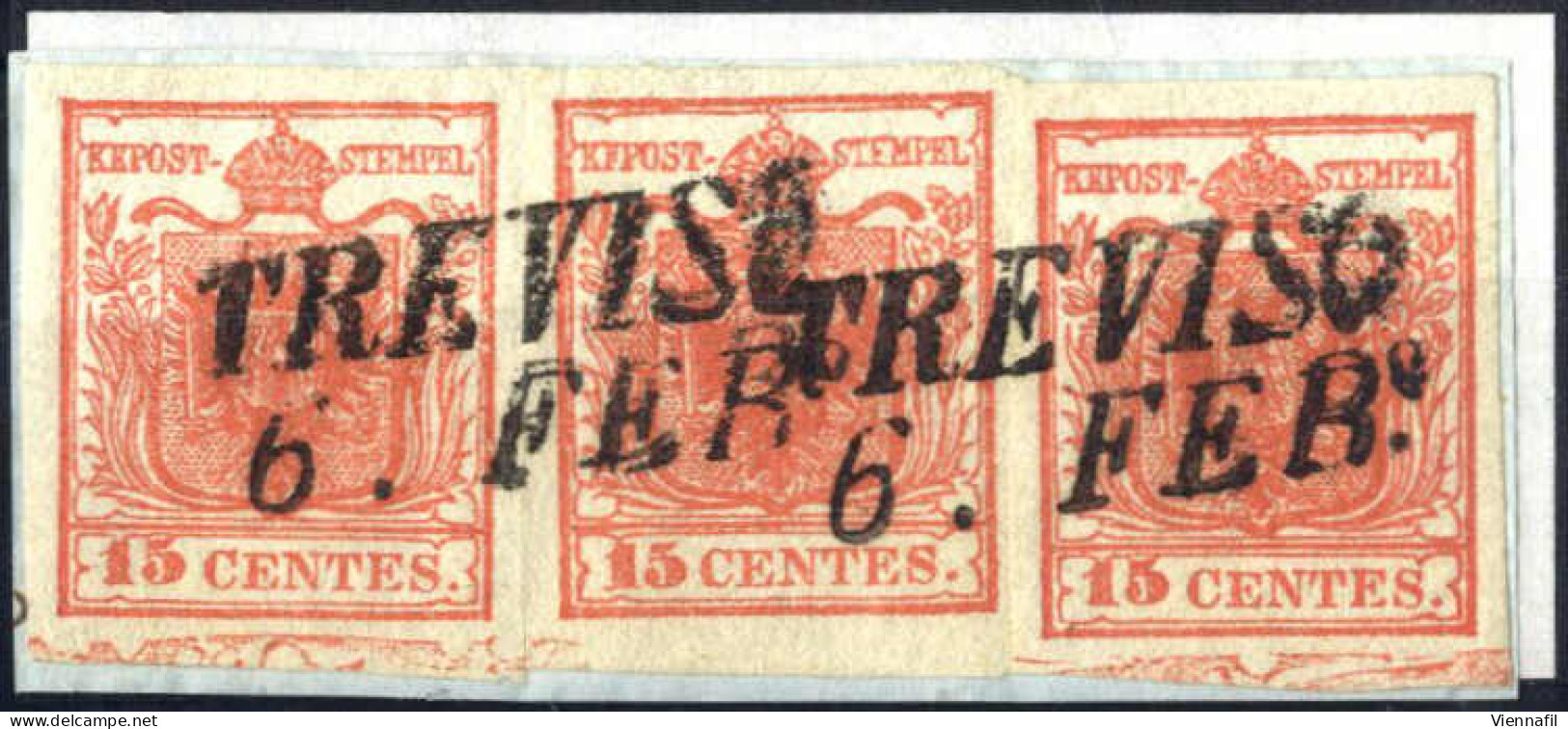 Piece 1850, Frammento Di Lettera Affrancato Con Tre 15 Cent. Rosso Tipo IIa+I+IIa, Tutti I Valori Con Spazio Tipografico - Lombardo-Vénétie