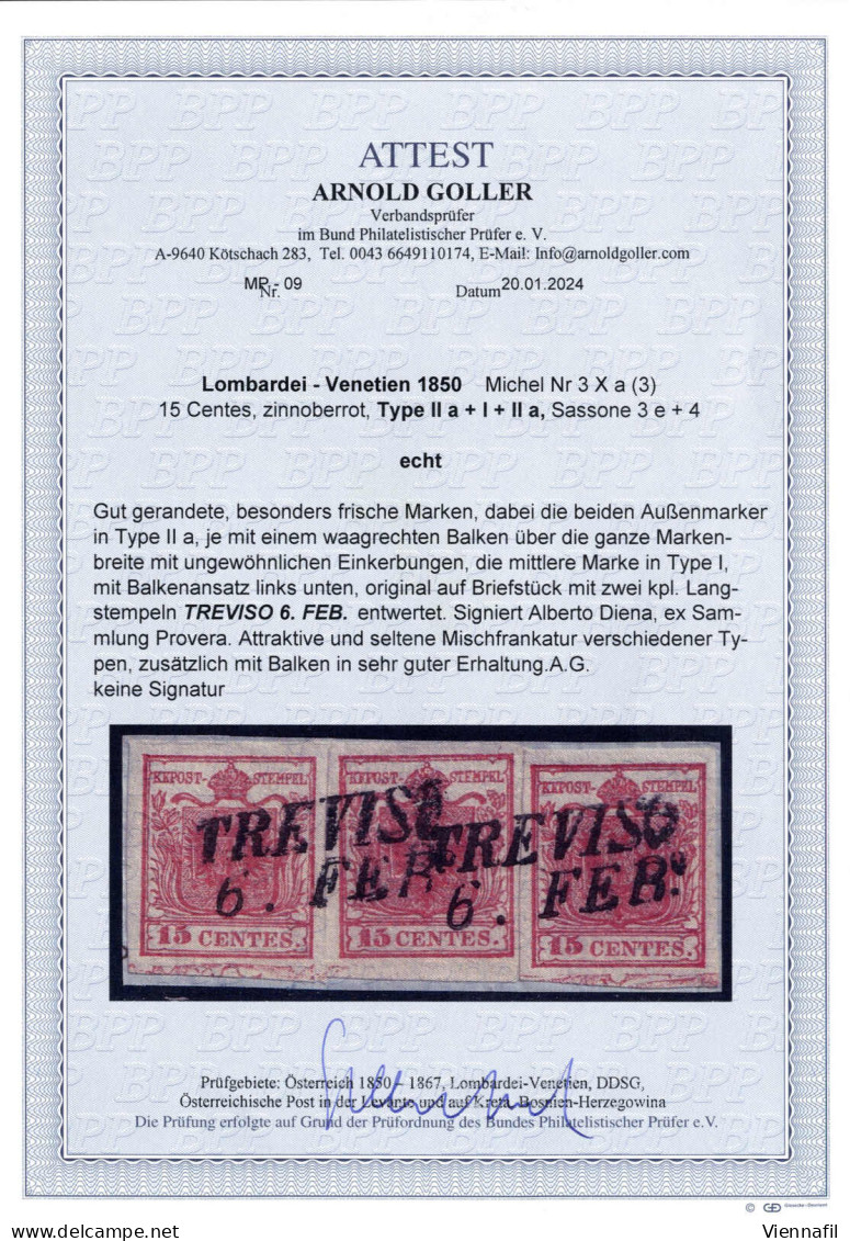 Piece 1850, Frammento Di Lettera Affrancato Con Tre 15 Cent. Rosso Tipo IIa+I+IIa, Tutti I Valori Con Spazio Tipografico - Lombardy-Venetia