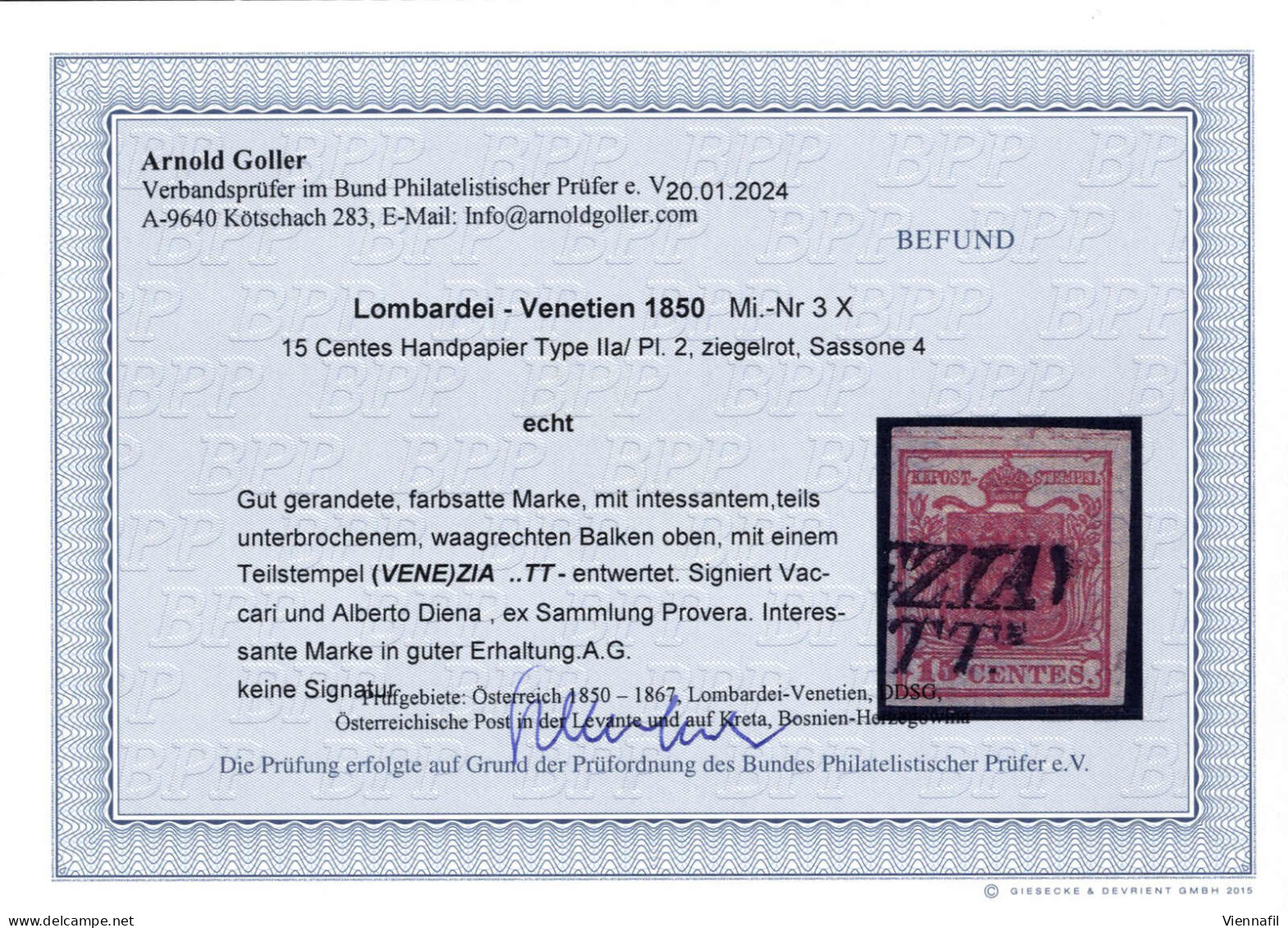 O 1850, 15 Cent. Rosso Tipo II, Carta A Mano, II Tavola, Con Spazio Tipografico Superiore Parzialmente Interrotto, Annul - Lombardo-Venetien